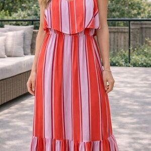 Old Navy Striped Maxi Dress Size Large Pink red Ruffle Tiered Summer